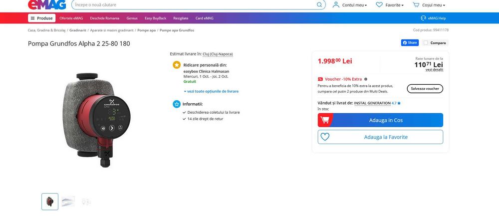 Pompa recirculare centrala/cazan incalzire Grundfos Alpha 2 25-80 180