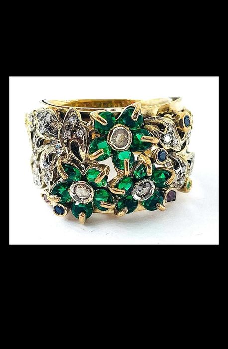 Inel monumental aur 9K cu smaralde, diamante, rubine si safire
