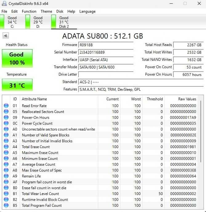SSD ADATA S800 de 512GB pe SATA3 2.5 inch 100%