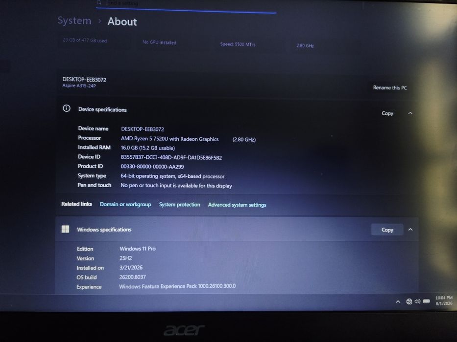 Laptop Acer Aspire 3 (15.6" Full HD) - AMD Ryzen 5 7520U, 16GB RAM, 512GB SSD, Windows 11 Pro