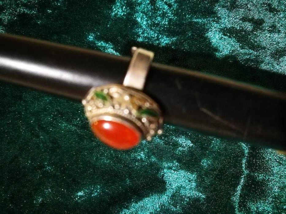 inel vintage china, argint, carneol, email