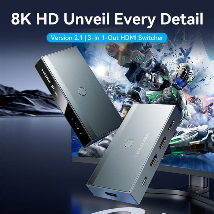 Vention HDMI 2.1 Splitter Switch 8K 60Hz 3 In 1 Out – TV, Xbox, PS5, Set Top Box, Monitor