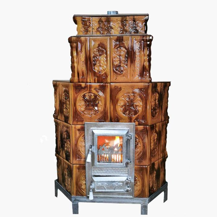 Soba de teracota mobila cu geam de sticla, montaj pe colt