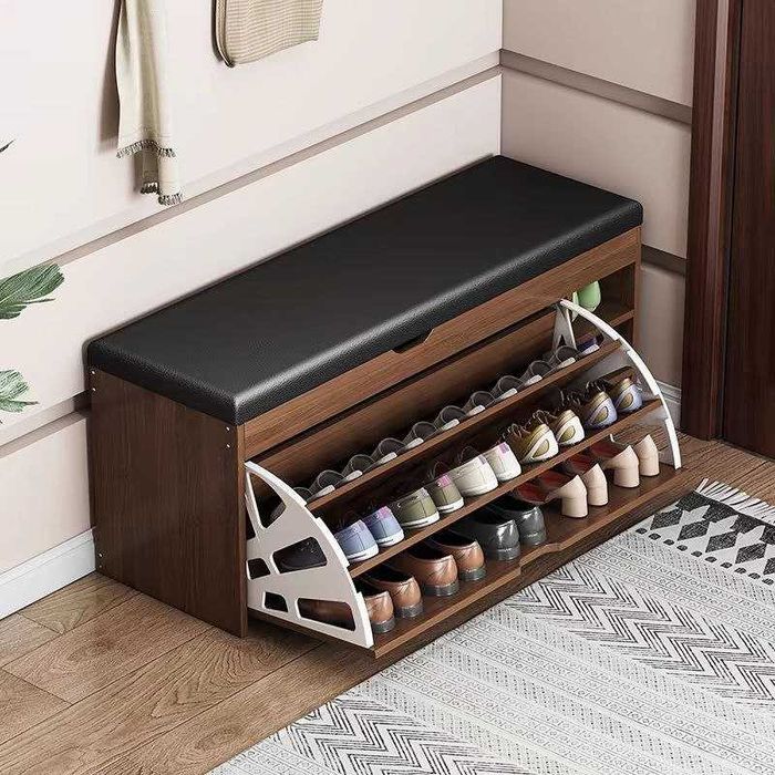 Обувница-банкетка с мягким сиденьем и откидными полками