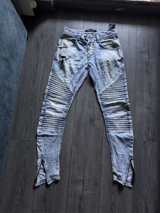 Blugi moto / biker Redhouse distressed cu fermoar la gleznă – Mărimea 31