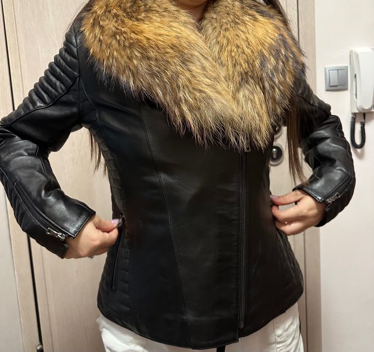 Дамско кожено яке с яка от косъм от лисица