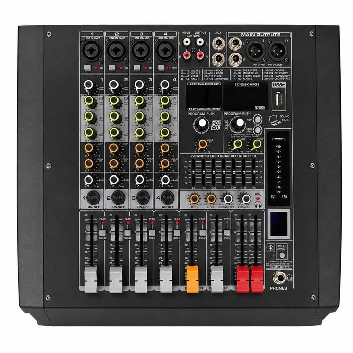 Mixer audio 4 canale 2 x 450W ZZPK4 cu amplificator stereo 256 Efecte DSP Bluetooth USB Egalizator