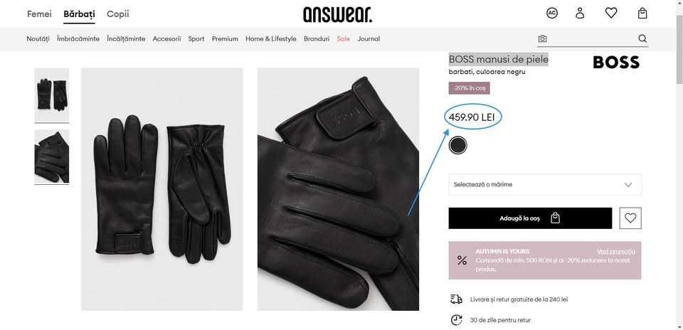 Mănuși din piele "BOSS" Orange barbati,culoarea negru,(Super Ofertă).