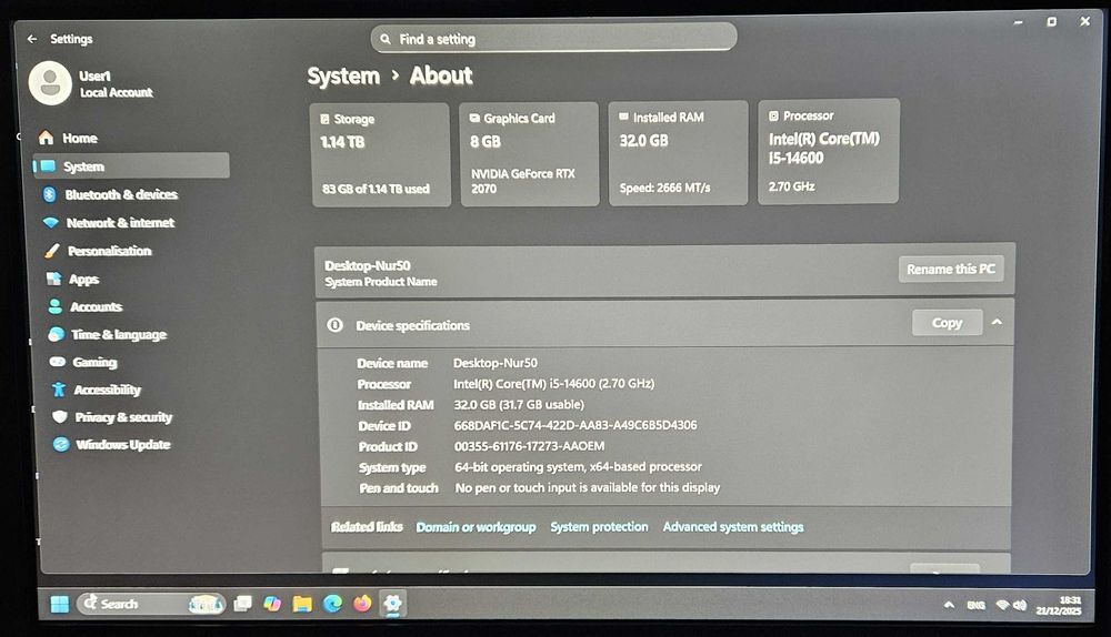Настолен компютър за игри, Intel i5-14600, RAM 32GB, RTX 2070 Turbo