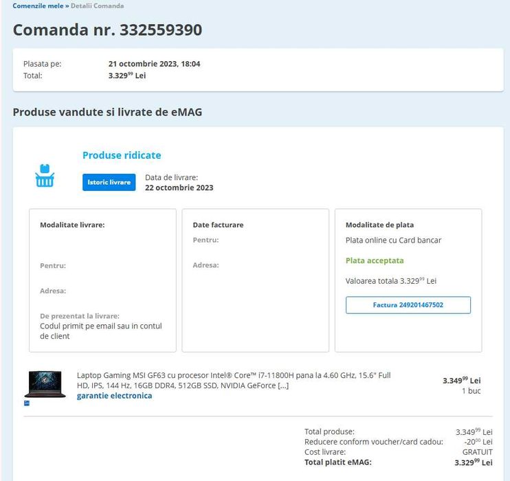 Laptop Gaming MSI GF63 cu procesor Intel i7-11800H 4.60 GHz, 15.6"  144 Hz, 16GB DDR4, 512GB SSD NVIDIA GeForce GTX 1650 4GB