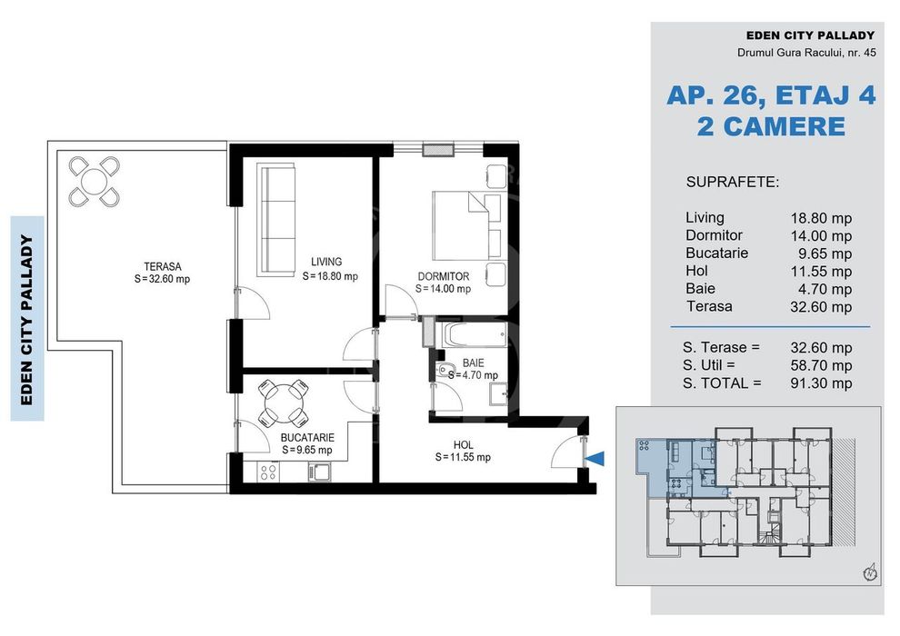 Apartament 2 Camere + terasa 32mp-Titan Pallady-Metrou Teclu