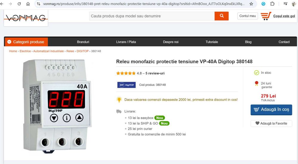 Releu protectie tensiune, DigiTop VP-40A 380148, monofazat, 40A
