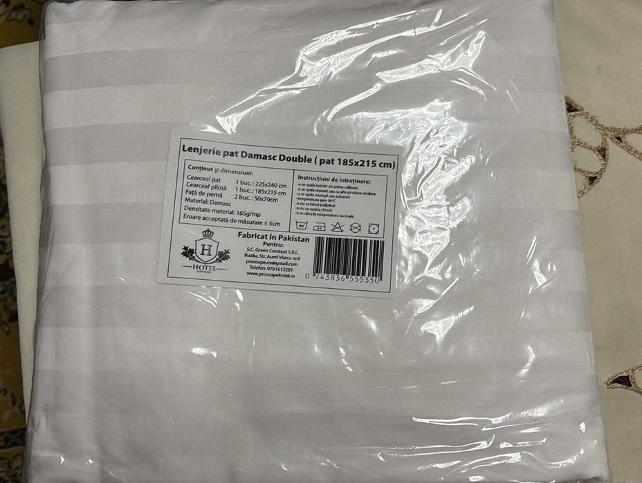 Lenjerie de pat Damasc Policoton, 6 piese, pentru pat dublu, 185 x 215 cm, Alb