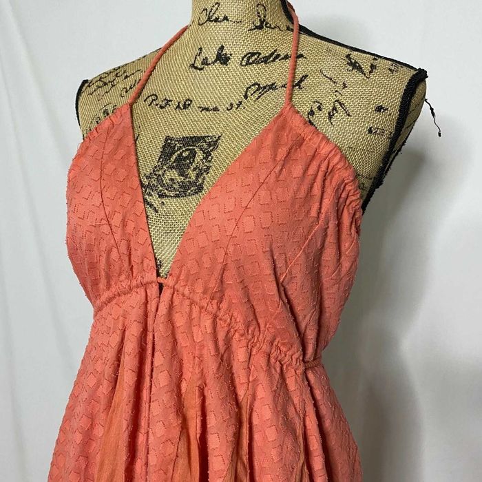 Free People Boho Maxi Dress S Coral V Neck Tie Back Textured Gathered Used