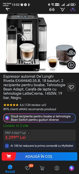 Espressor automat De’Longhi Rivelia EXAM440.55.B, 18 bauturi,Latte