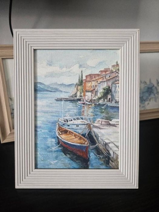 Tablou Acuarelă - Peisaj Mediteranean - Port Veneția/Coasta de Azur - Ramă Albă Modernă