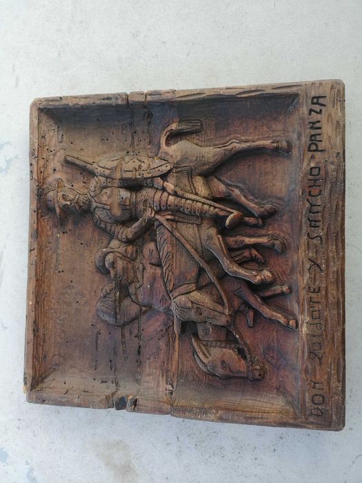 sculptura lemn veche, cariata, Don Quijote  si Sancho Panza,