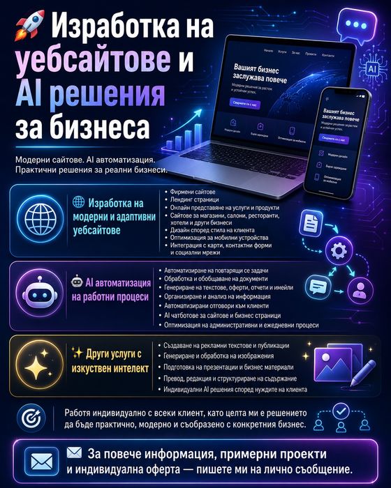 Модерен уебсайт и AI автоматизация за вашия бизнес — повече клиенти, по-малко губене на време
