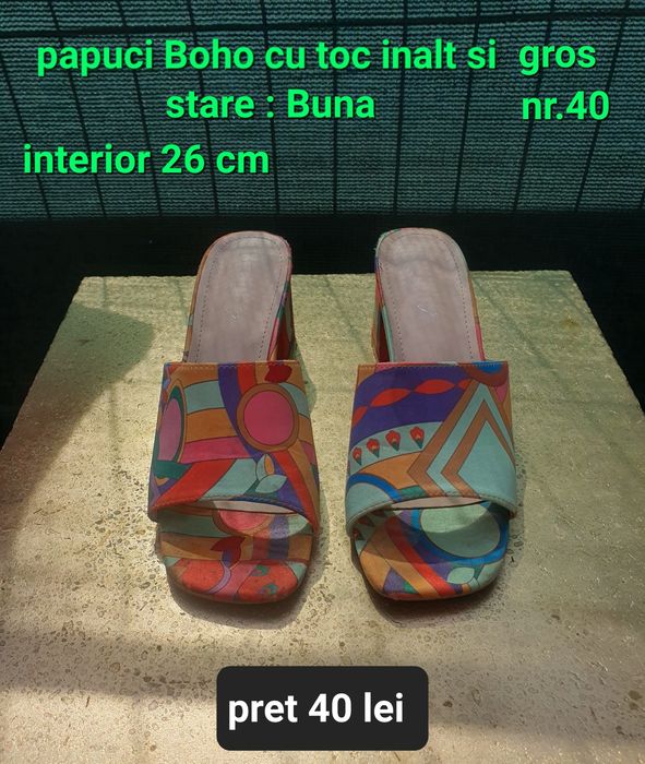 Papuci Boho cu toc inalt si gros