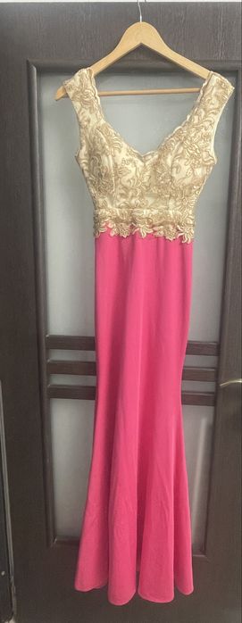 Rochie Atmosphere lunga ciclam si bust din dantela aurie