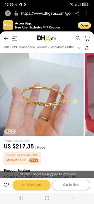 Brățară argint pur placata aur 24 k