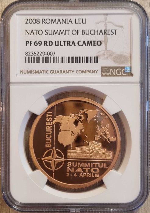 Moneda BNR 1 leu tombac Summitul NATO gradata NGC PF 69 UC