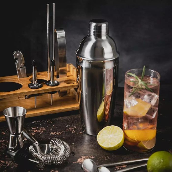 Set barman pentru bauturi si cocktail-uri, shaker, 15 piese, argintiu,