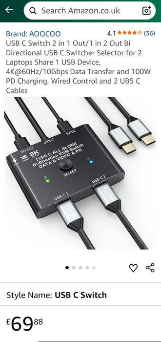 Comutator USB C 8K  bidirecțional KVM 10 GB