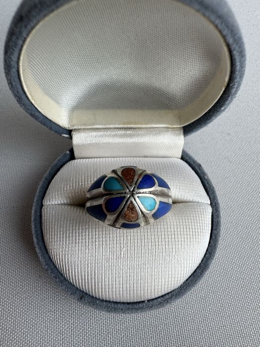 Inel din argint, lapis lazuli, turcoaz si piatra soarelui