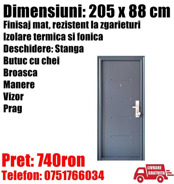 Usa Intrare Metalica Stanga Antracit Apartament Birou  SQ 205x88cm