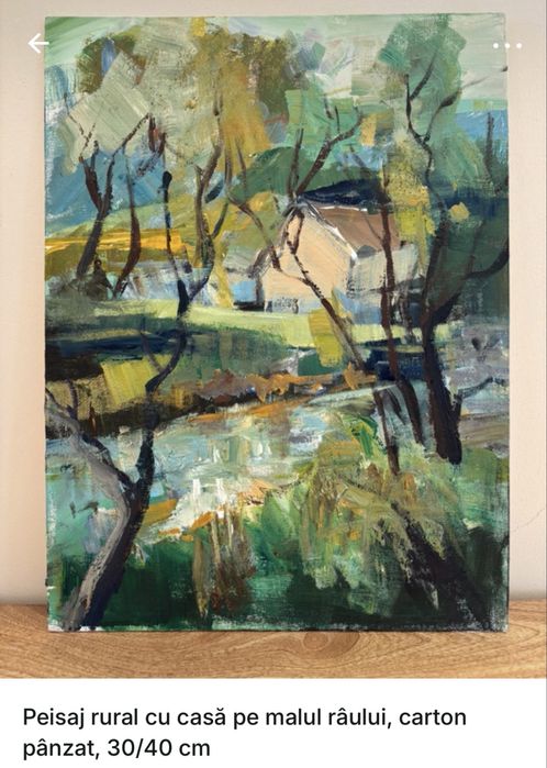 Tablou cu peisaj rural, casa la malul raului, carton panzat, 30/40 cm