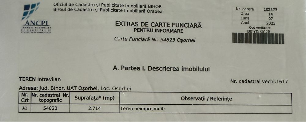 Teren de vanzare Osorhei DN1 / Drum principal / INTRAVILAN / SAU INCHIRIERE