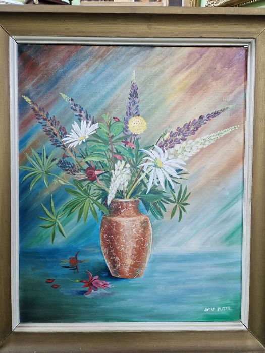 Стар голям антикварен френски натюрморт масло върху платно