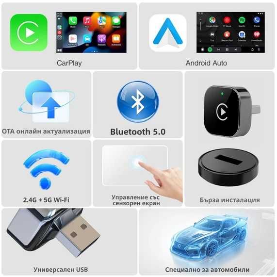 Безжичен CarPlay и Android Auto адаптер