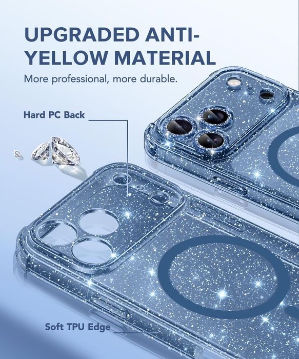 Husă iPhone 17 Pro Max MagSafe + Protecție Lentile – Albastru Sclipici