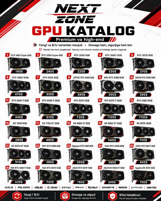 Video Kartalar GTX RTX RX qulay narxlarda donaga va optomga ham bor