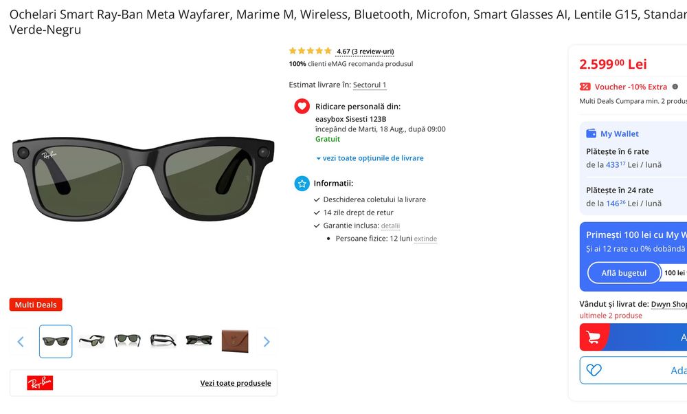 Ochelari Ray-Ban Meta wayfarer - IN GARANTIE - cu camera video - Shinny Black cu lentile G15 Green