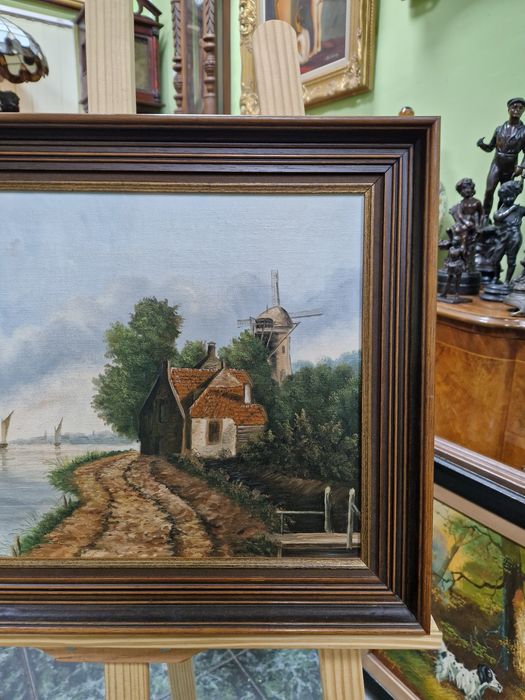 Прекрасна антикварна белгийска авторска картина масло върху платно
