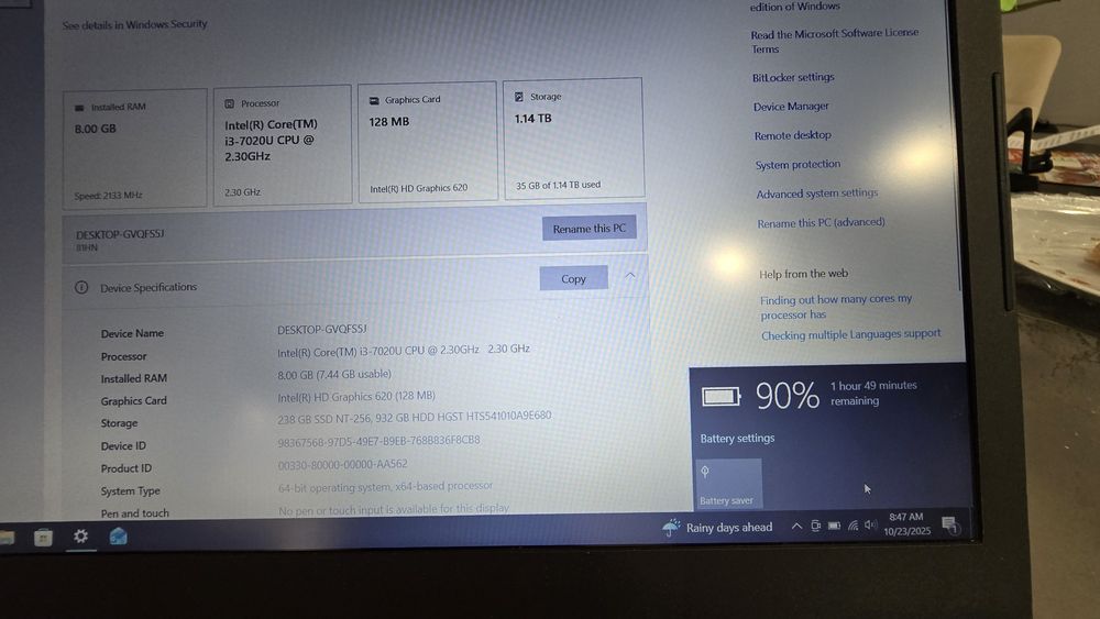 Laptop Lenovo i3 gen7 8 gb ram ssd M2 256+hdd 1Tb