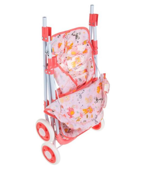 Количка за кукла тип бастун, розово-оранжева с животни