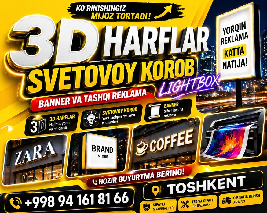 3D harflar | Lightbox | Banner | Tashqi reklama yasaymiz Samarqand