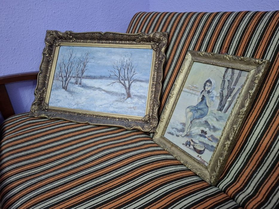 Set 2 tablouri vechi în ulei (1977) – Ramă Baroc / Decor Vintage Iași