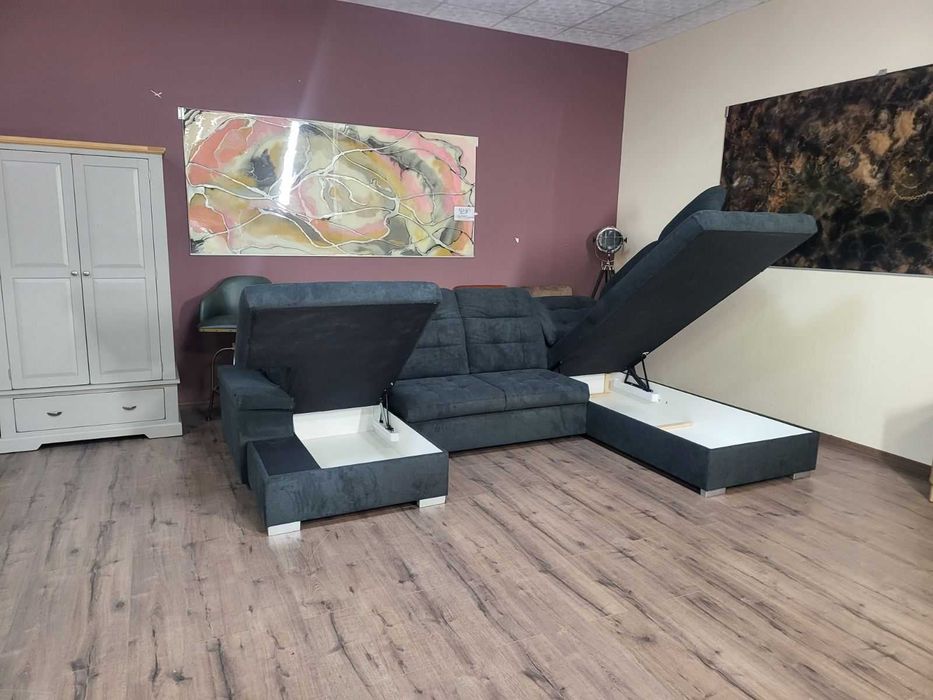 Тъмно сив П - образен ъглов диван Nixon с функция сън