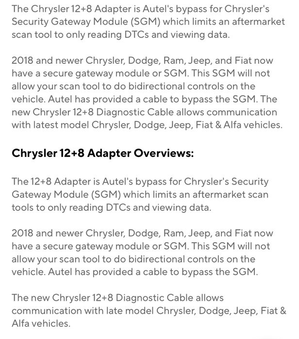 Cablu adaptor Gateway FCA/SGW 12+8 pini pentru JEEP/Fiat/Chrysler