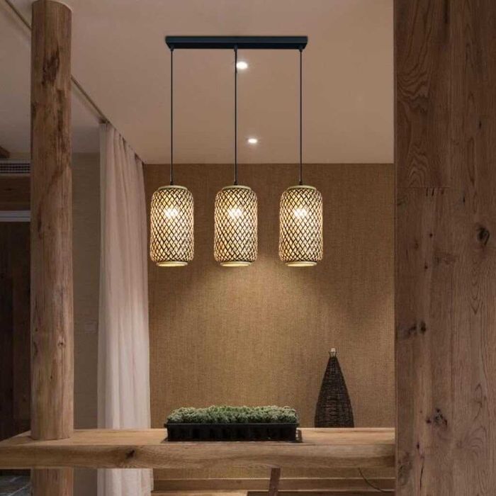 Ретро бамбук плетен висящa лампи Полилей винтидж, черна основа 221