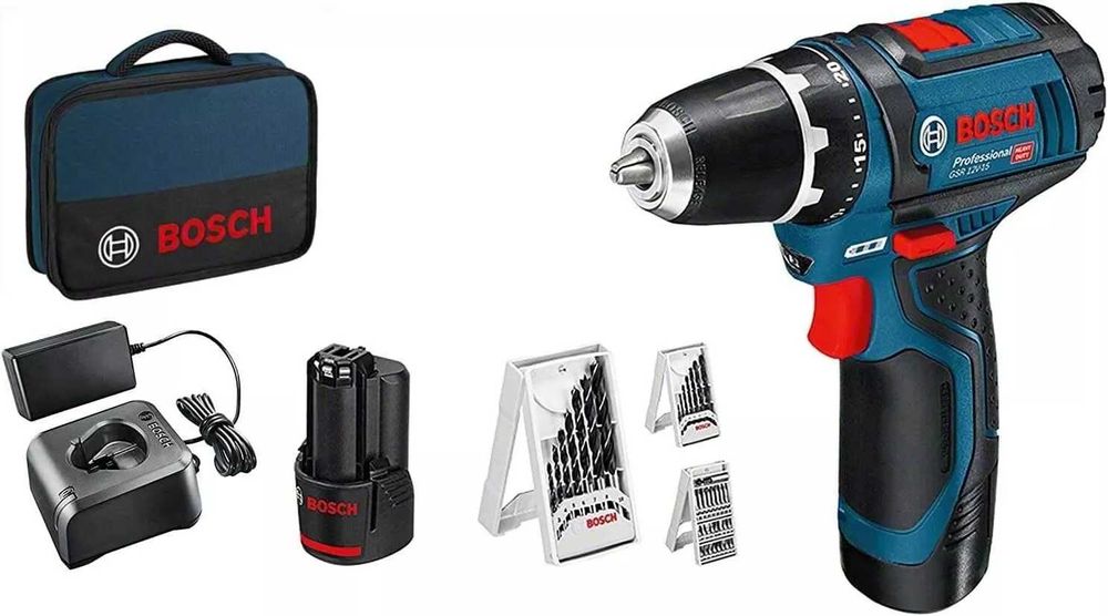 BOSCH Professional GSR 12V-15 Masina de gaurit si insurubat, 2 baterii Li-Ion + 3 seturi accesorii profesionale + geanta, NOUA, in ambalajul original