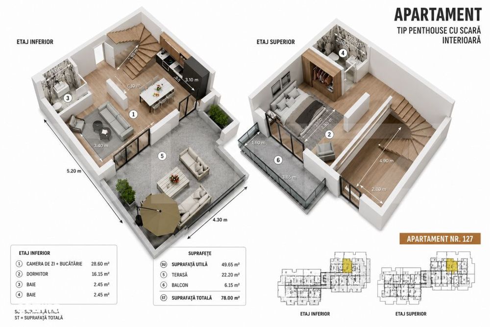 Penthouse cu terasa generoasa si finisaje premium
