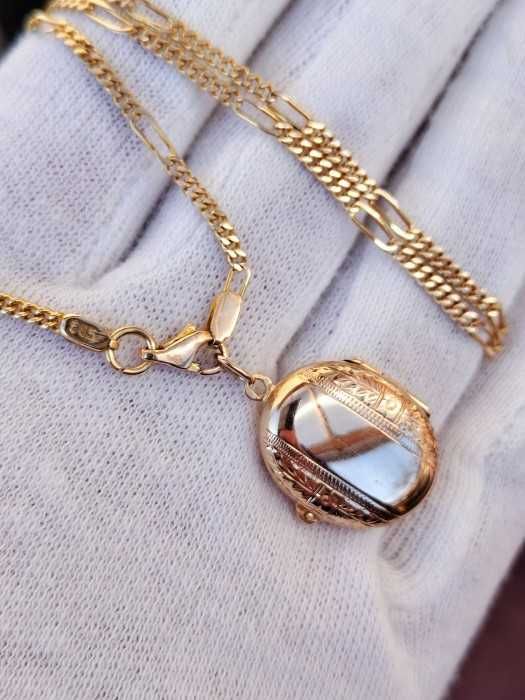 Lantisor Lant Aur 14K Retro Zale Pline Cu Pandantiv Pentru Poza Dubla