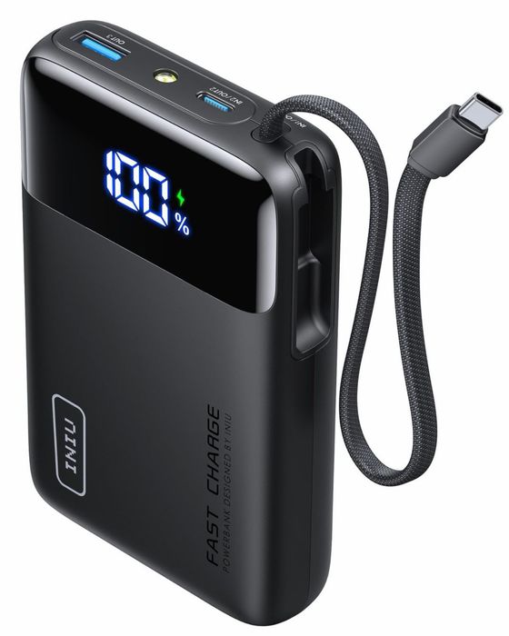 Power Bank INIU 20000mAh 45W, USB-C, cablu integrat, display LED