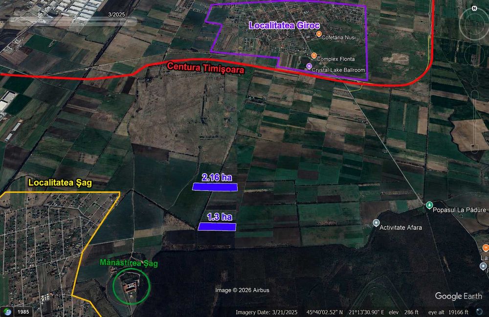 PROPRIETAR – Teren 34.600 mp (3,46 ha) lângă Pădurea Giroc și Mănăstirea Șag | Investiție